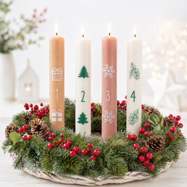 Stabkerzen 1 - 4 mit Weihnachtsmotiven 4 St&uuml;ck