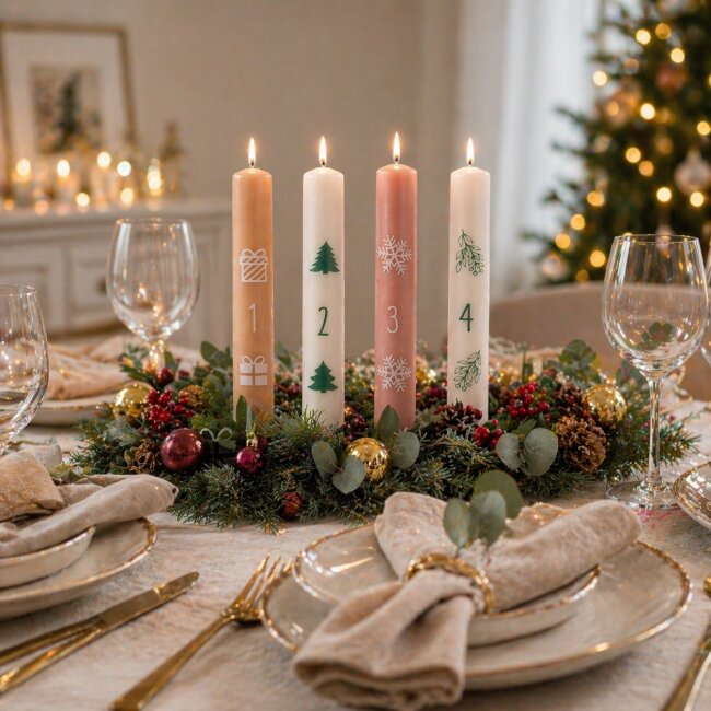 Stabkerzen 1 - 4 mit Weihnachtsmotiven 4 St&uuml;ck