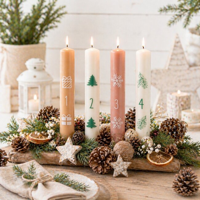 Stabkerzen 1 - 4 mit Weihnachtsmotiven 4 St&uuml;ck
