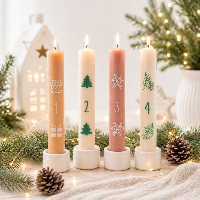 Stabkerzen 1 - 4 mit Weihnachtsmotiven 4 St&uuml;ck