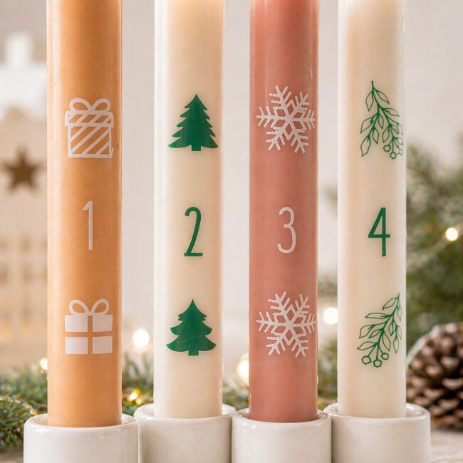 Stabkerzen 1 - 4 mit Weihnachtsmotiven 4 St&uuml;ck