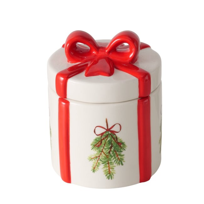 Keramikdose Weihnachten mit roter Schleife und Tannenzweig