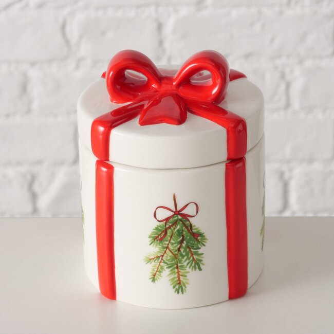 Keramikdose Weihnachten mit roter Schleife und Tannenzweig