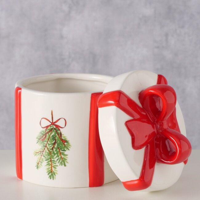 Keramikdose Weihnachten mit roter Schleife und Tannenzweig