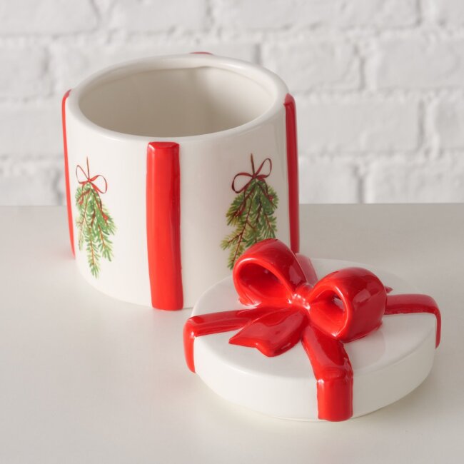 Keramikdose Weihnachten mit roter Schleife und Tannenzweig