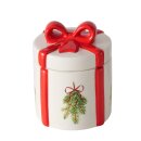 Keramikdose Weihnachten mit roter Schleife und Tannenzweig