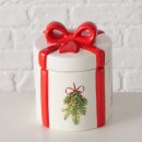 Keramikdose Weihnachten mit roter Schleife und Tannenzweig