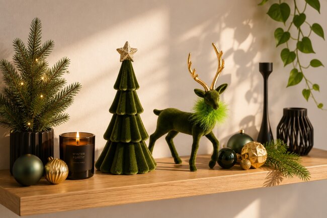 2er Set Weihnachtsfiguren aus Samt Hirsch &amp; Tanne in Gr&uuml;n