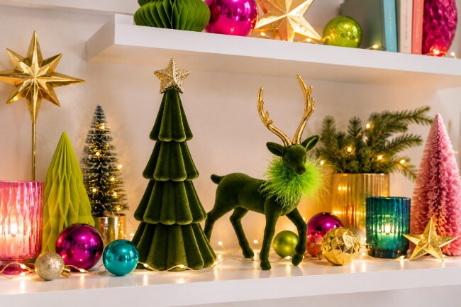 2er Set Weihnachtsfiguren aus Samt Hirsch &amp; Tanne in Gr&uuml;n