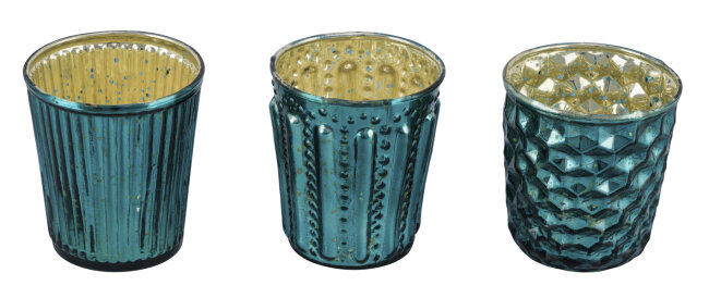 3er Set Windlichter aus Glas in T&uuml;rkis