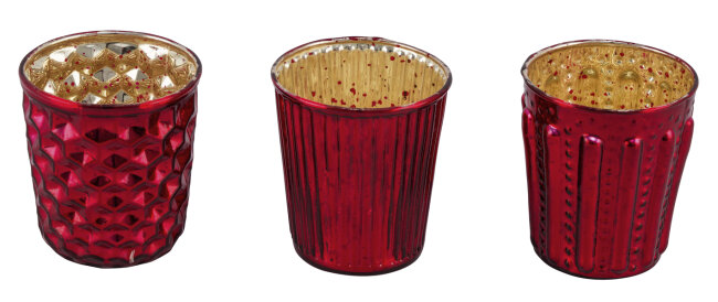 3er Set Windlichter aus Glas in Rot