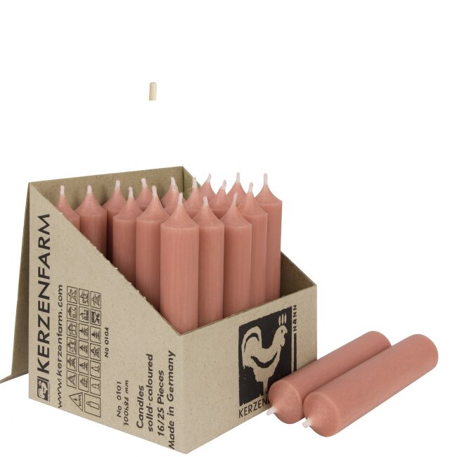 Kurze Stabkerzen durchgef&auml;rbt 10cm &Oslash; 2,2 cm 25 St&uuml;ck altrosa