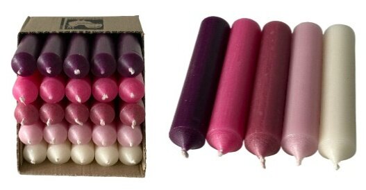 25 kurze Stabkerzen Rose-Mix durchgef&auml;rbt 10cm &Oslash; 2,2cm