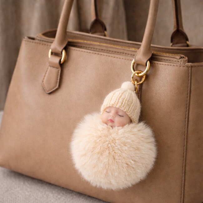 Schl&uuml;sselanh&auml;nger schlafendes Baby mit Fellbommel 12cm creme