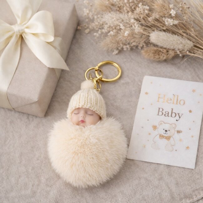 Schl&uuml;sselanh&auml;nger schlafendes Baby mit Fellbommel 12cm creme