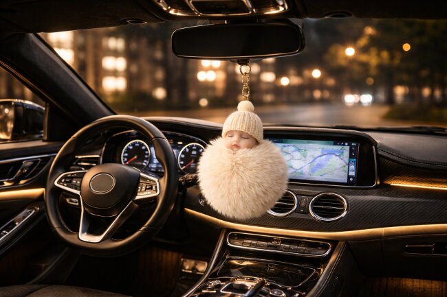 Schl&uuml;sselanh&auml;nger schlafendes Baby mit Fellbommel 12cm creme