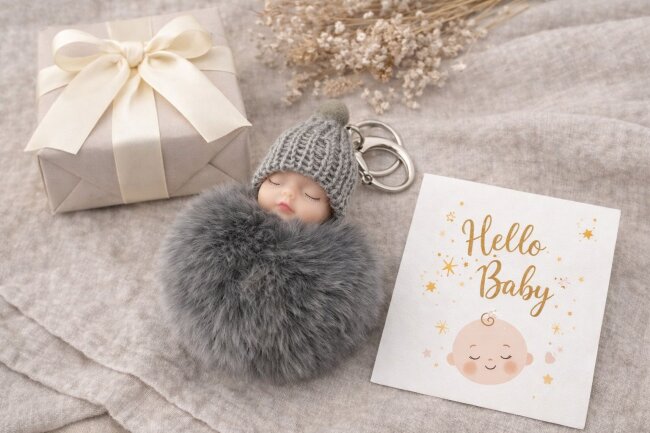 Schl&uuml;sselanh&auml;nger schlafendes Baby mit Fellbommel 12cm grau