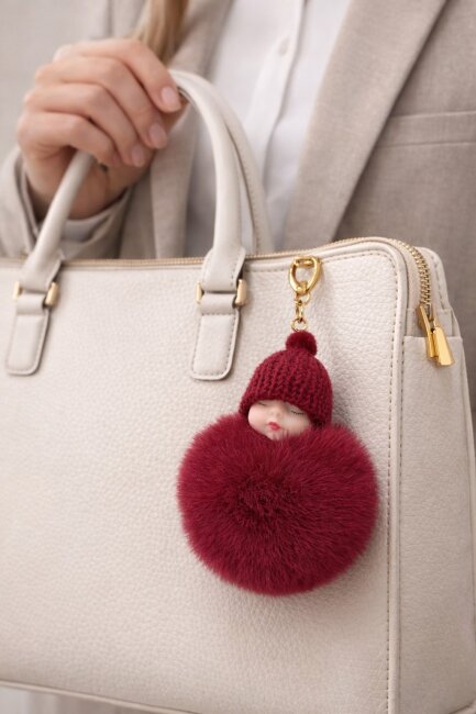 Schl&uuml;sselanh&auml;nger schlafendes Baby mit Fellbommel 12cm bordeaux rot
