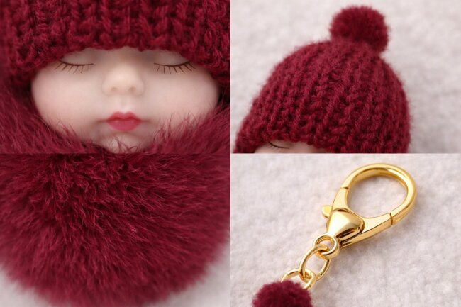 Schl&uuml;sselanh&auml;nger schlafendes Baby mit Fellbommel 12cm bordeaux rot