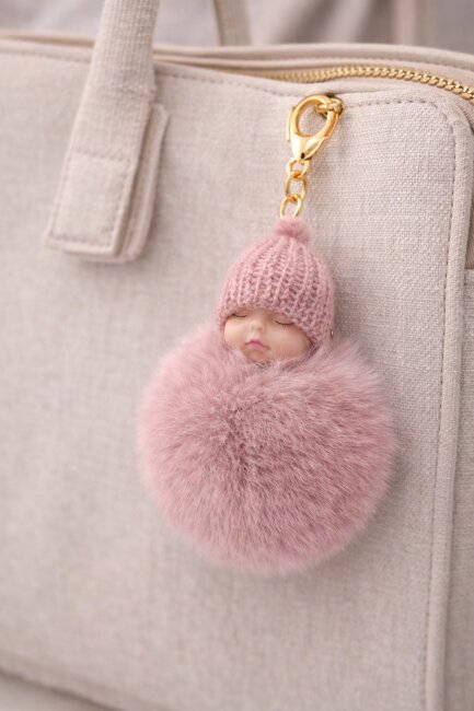 Schl&uuml;sselanh&auml;nger schlafendes Baby mit Fellbommel 12cm altrosa