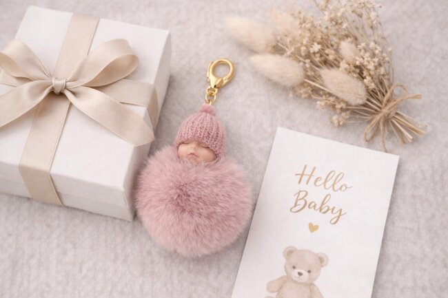 Schl&uuml;sselanh&auml;nger schlafendes Baby mit Fellbommel 12cm altrosa