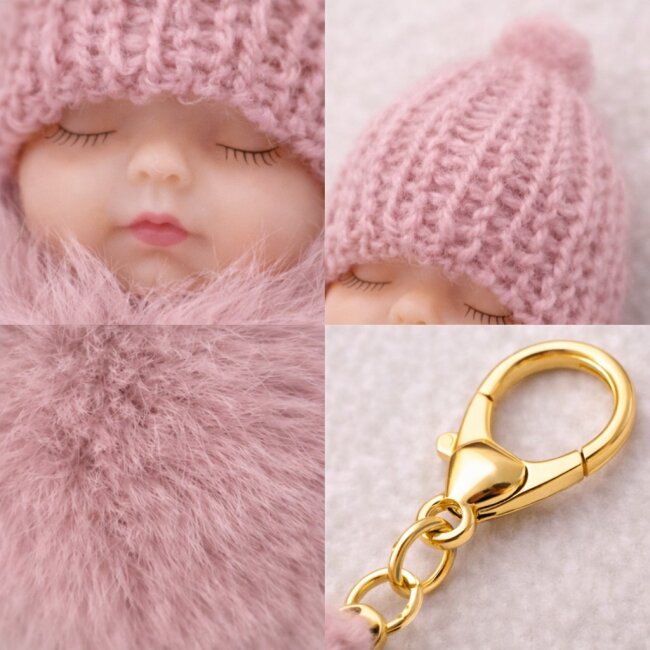 Schl&uuml;sselanh&auml;nger schlafendes Baby mit Fellbommel 12cm altrosa