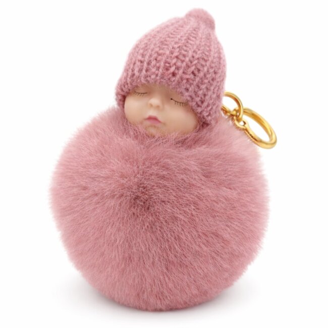 Schl&uuml;sselanh&auml;nger schlafendes Baby mit Fellbommel 12cm altrosa