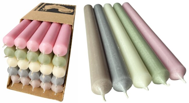 Lange Stabkerzen Pastellfarben durchgef&auml;rbt 25cm &Oslash; 2,2 cm 25 St&uuml;ck