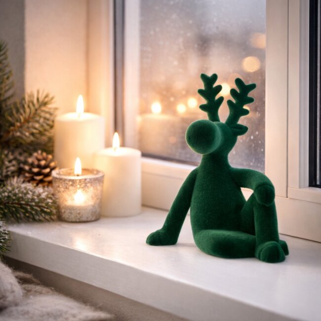 Dekofigur sitzender Elch Samt dunkelgr&uuml;n