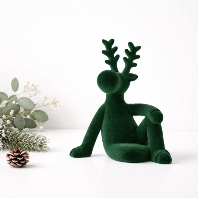 Dekofigur sitzender Elch Samt dunkelgr&uuml;n