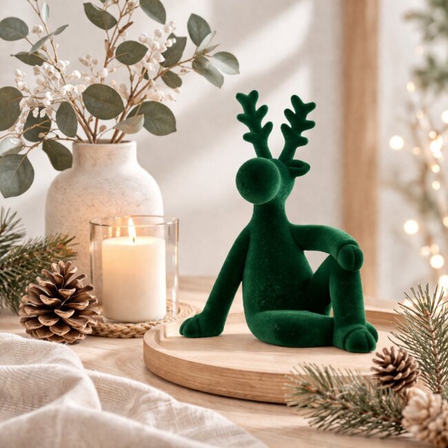 Dekofigur sitzender Elch Samt dunkelgr&uuml;n