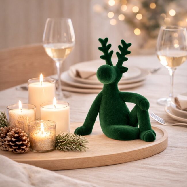 Dekofigur sitzender Elch Samt dunkelgr&uuml;n