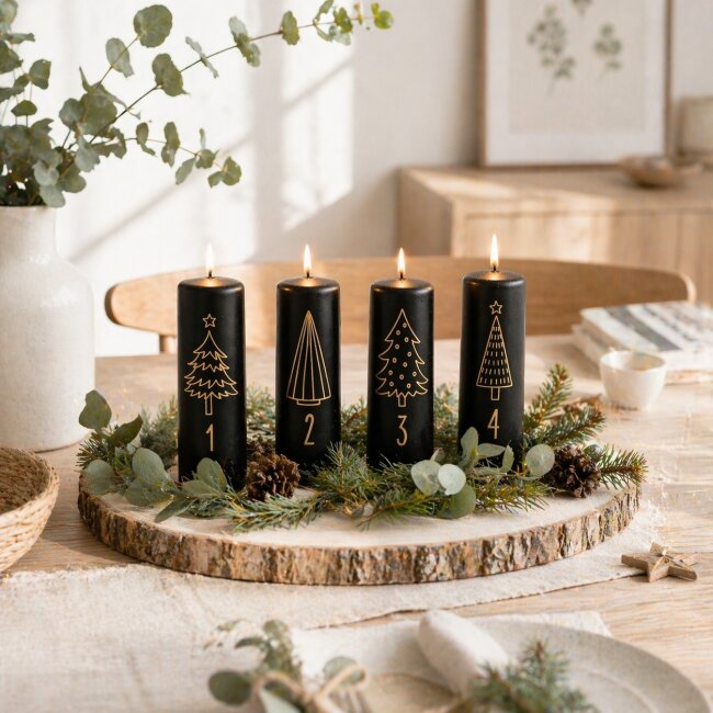 Stumpenkerzen Adventszahlen schwarz &amp; gold 4 St&uuml;ck