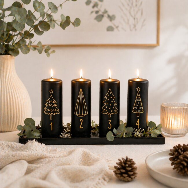 Stumpenkerzen Adventszahlen schwarz &amp; gold 4 St&uuml;ck