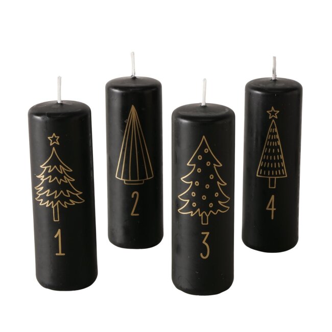 Stumpenkerzen Adventszahlen schwarz &amp; gold 4 St&uuml;ck