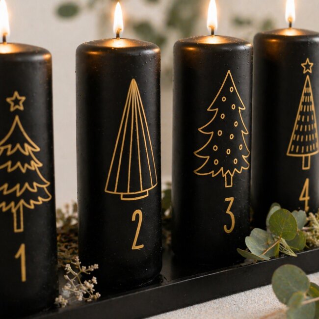 Stumpenkerzen Adventszahlen schwarz &amp; gold 4 St&uuml;ck