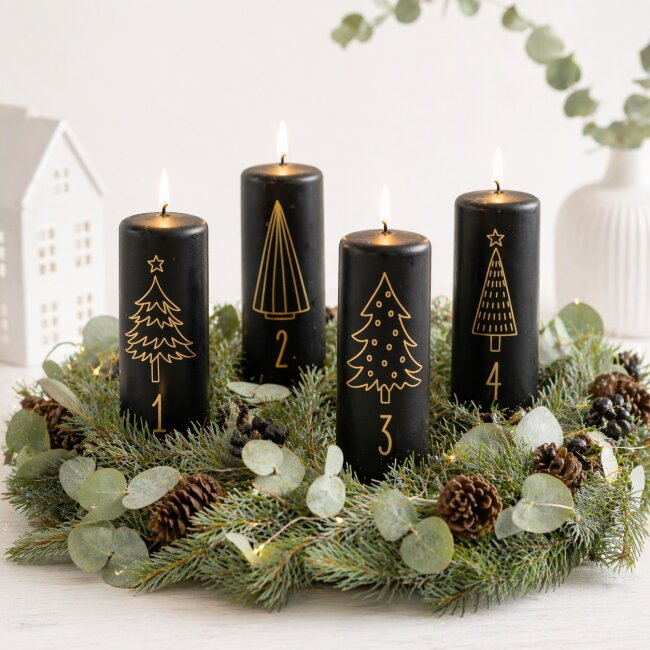 Stumpenkerzen Adventszahlen schwarz &amp; gold 4 St&uuml;ck