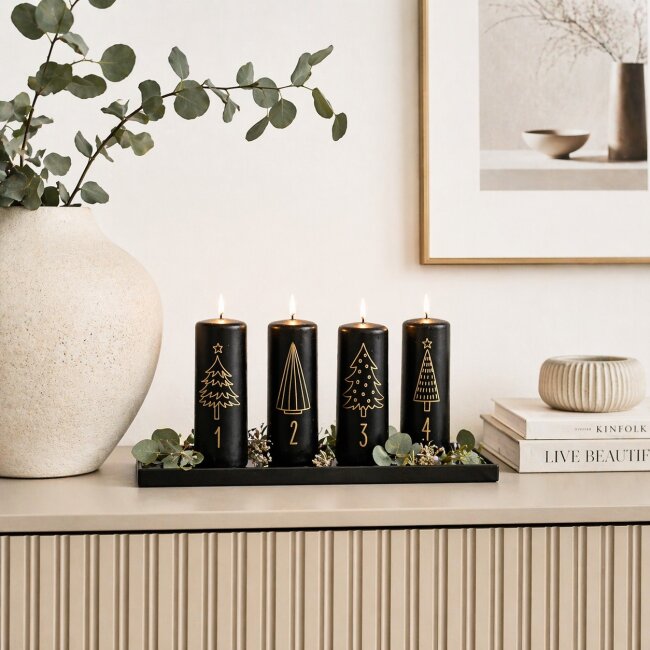Stumpenkerzen Adventszahlen schwarz &amp; gold 4 St&uuml;ck