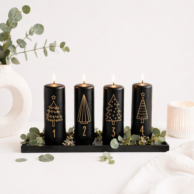 Stumpenkerzen Adventszahlen schwarz &amp; gold 4 St&uuml;ck