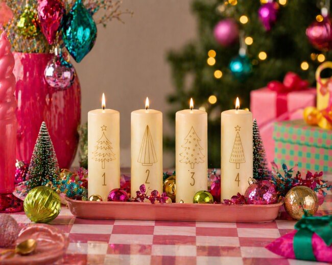 Stumpenkerzen Adventszahlen creme &amp; gold 4 St&uuml;ck