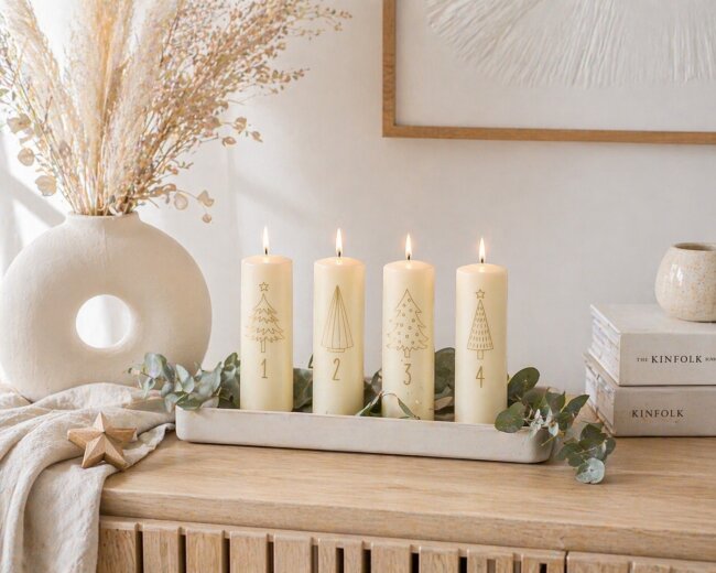 Stumpenkerzen Adventszahlen creme &amp; gold 4 St&uuml;ck