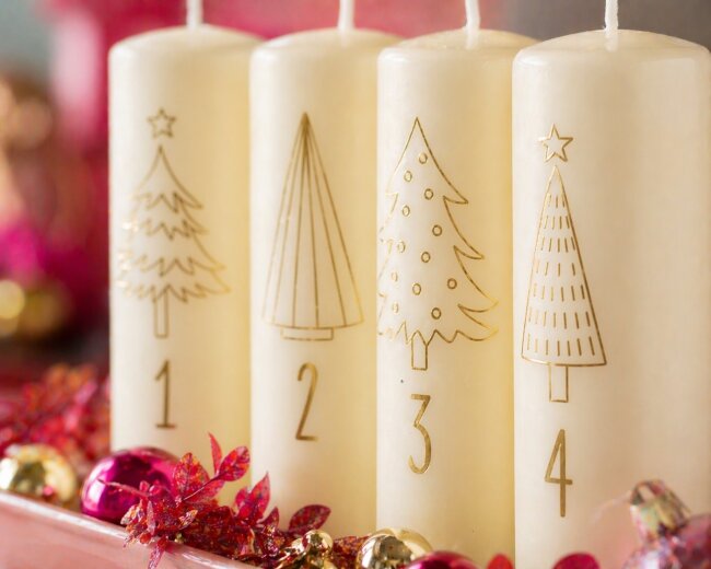 Stumpenkerzen Adventszahlen creme &amp; gold 4 St&uuml;ck