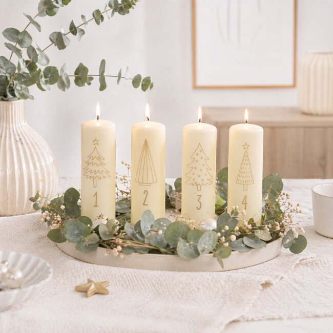 Stumpenkerzen Adventszahlen creme &amp; gold 4 St&uuml;ck
