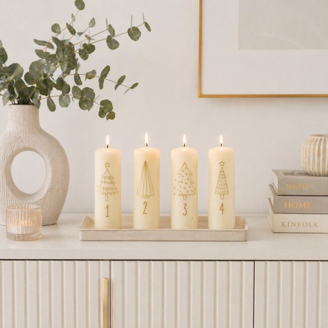 Stumpenkerzen Adventszahlen creme &amp; gold 4 St&uuml;ck