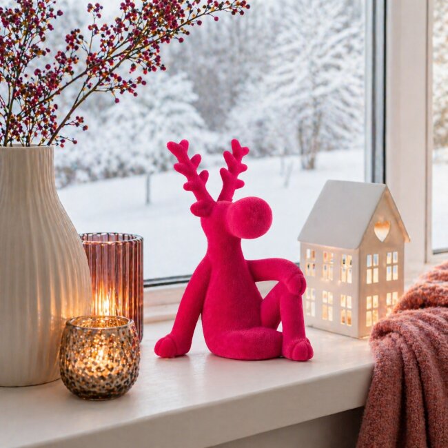 Dekofigur sitzender Elch Samt pink