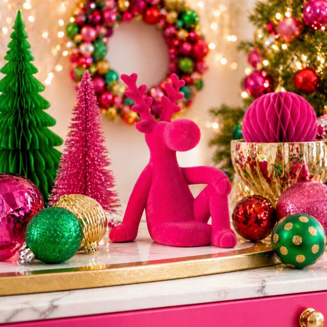 Dekofigur sitzender Elch Samt pink