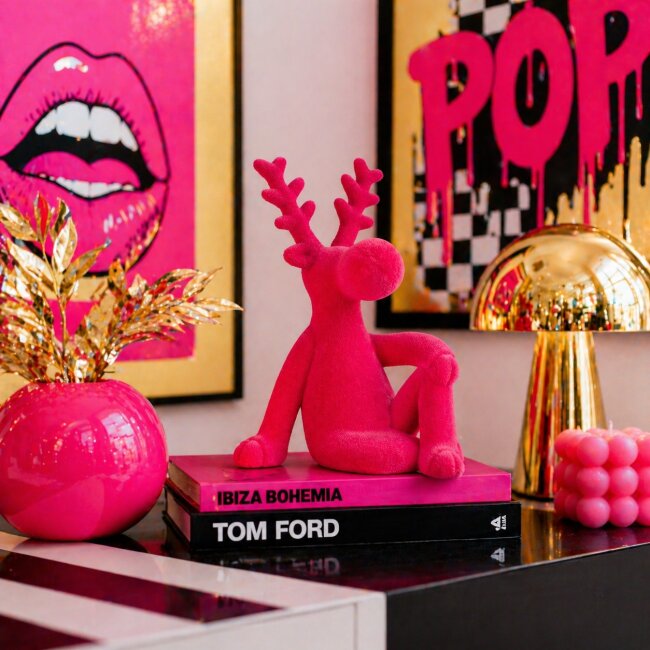Dekofigur sitzender Elch Samt pink
