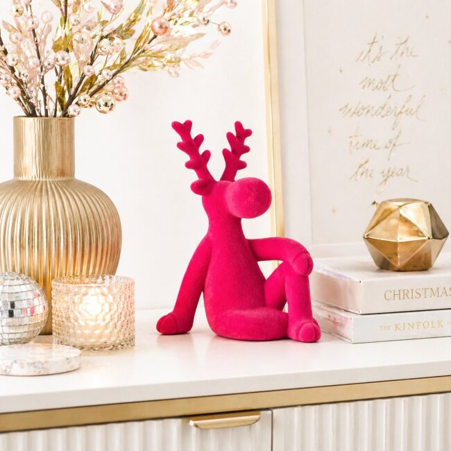 Dekofigur sitzender Elch Samt pink