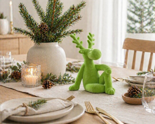 Dekofigur sitzender Elch Samt gr&uuml;n