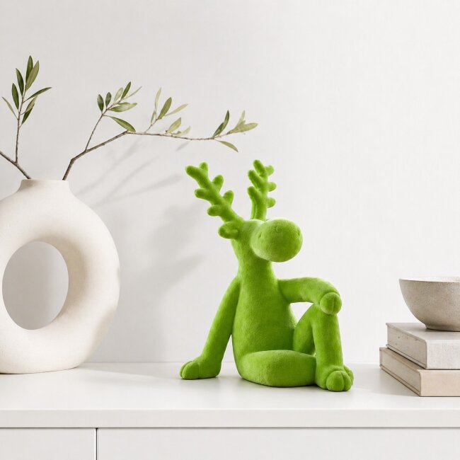 Dekofigur sitzender Elch Samt gr&uuml;n